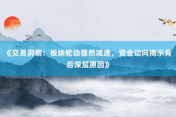 《交易洞察：板块轮动骤然减速，资金动向揭示背后深层原因》